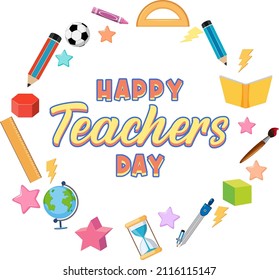 Happy Teachers Day logo banner with school objects  illustration