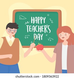 happy teachers day, male and female teacher with apple and chalkboard vector illustration