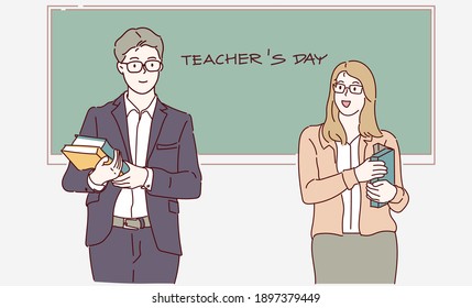 Happy Teacher's day. Male and female teacher holding books in front of a school blackboard. Hand drawn in thin line style, vector illustrations.