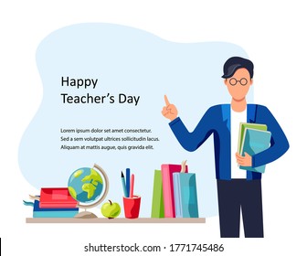 Happy Teacher's Day. Male Teacher With Books. Place For Text. Vector Illustration. Flat Cartoon Style Design.