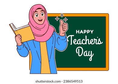 Happy Teachers Day with Muslim female teacher and chalkboard