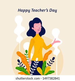 Happy Teacher's Day With Nature Flower Leaf Ornament Decoration Background Poster. Woman Teacher With Explain Gesture Hand Vector Illustration. Modern Simple Flat Graphic Design