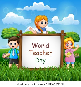 Happy Teacher's Day on sign with children
