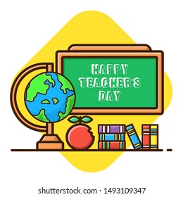 Happy Teacher's Day on Whiteboard, Stack of Books, Globe, and Apple Vector Illustration. Flat Cartoon Style Suitable for Sticker, Wallpaper, etc.