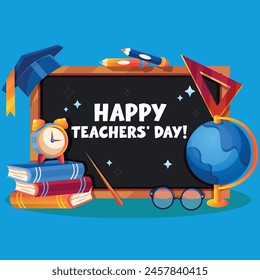 Happy Teachers Day with pencils, books, etc. Greeting card for teachers.