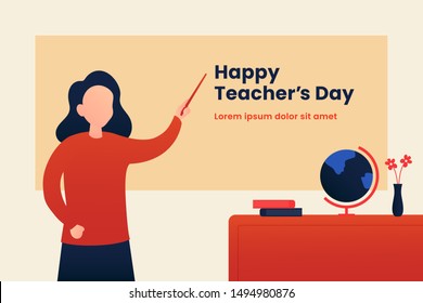 Happy Teacher's day poster background template design. Woman teacher with explain gesture in front of the class room vector illustration graphic design.