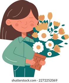 Happy teachers day poster background concept. Beautiful female teacher explaining gesture with beautiful floral ornament and love heart frame. vector flat illustration creative