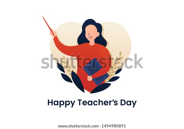 Happy teacher\'s day poster background concept.\
Pretty Woman Teacher explaining gesture with beautiful flower\
ornament and love heart frame. vector flat illustration creative\
graphic design