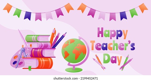 Happy Teacher's Day poster in cartoon style. School background with books, pencils and globe. Vector illustration.