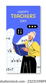 Happy teachers day poster concept. Knowledge and information. Woman stands with textbook next to formulas. Design for greeting postcard. Cartoon flat vector illustration isolated on white background