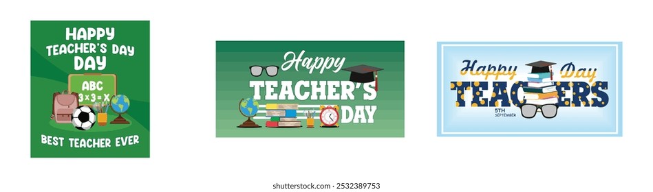 Happy teachers day poster concept. Happy teachers day with school supplies for posters. Teacher's day concept greeting with typography and book. Set flat vector modern illustration