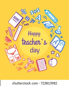 Happy teachers day poster framed in circle made of symbolic icons of formulas and numbers, books and fruits on vector illustration
