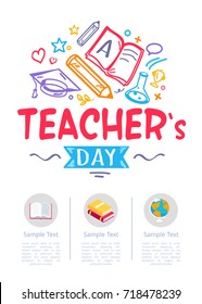 Happy teachers day poster with icons of globe, two textbooks and stationery equipment in round buttons with place for text vector illustrations on white