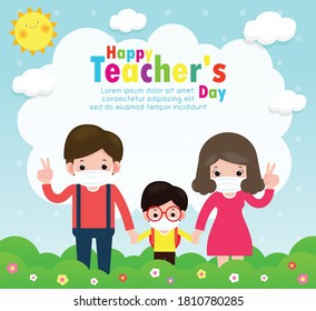 Happy teachers day poster for new normal lifestyle concept. happy students kids and teachers wearing face mask protect corona virus or covid 19 at the school isolated on white background illustration