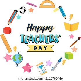 Happy Teacher's Day poster with school objects illustration