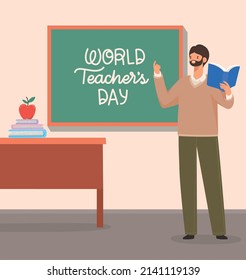 happy teachers day poster with a teacher