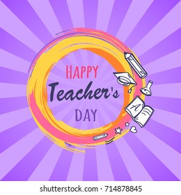 Happy teachers day promo poster depicting orange circle with icons of books, pen and pencil, vector illustration isolated on purple background with rays