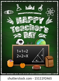 Happy Teacher's Day. Rich and creative template concept for greeting card, flyer, poster, banner. Decorated cross hatched greeting text, blackboard, school supplies, football, globe, math, apple.