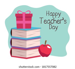 happy teachers day scene with books and gift vector illustration design