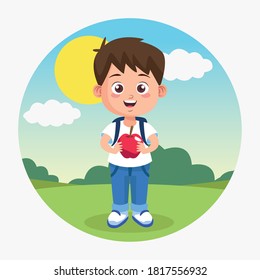 happy teachers day scene with little boy and apple vector illustration design