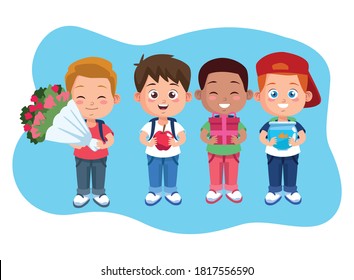 happy teachers day scene with students boys vector illustration design