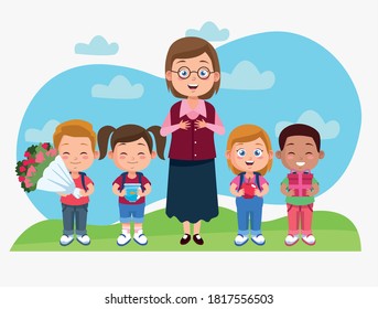 happy teachers day scene with teacher and students in the camp vector illustration design