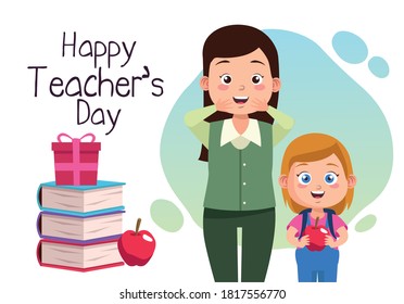 happy teachers day scene with teacher and schoolgirl vector illustration design