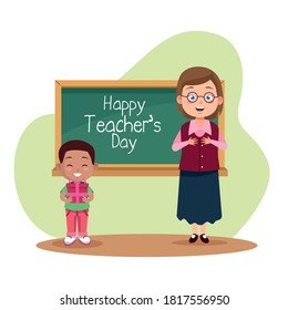 happy teachers day scene with teacher and schoolboy in classroom vector illustration design