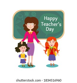Happy teachers day, school children looks happy with teacher on the background of the school green board in classroom, teachers day vector illustration, back to school
