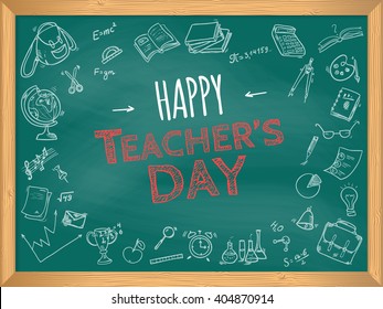 Happy Teacher's Day. School doodles Supplies Sketchy background, composition. Hand Drawn Vector Illustration 