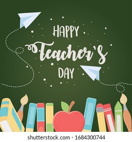 happy teachers day, school education elements apple and books vector illustration