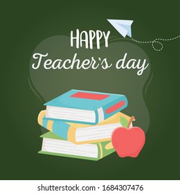 happy teachers day, school pile books and apple paper plane green background vector illustration