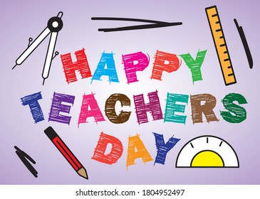 Happy Teacher's Day-Zeichen mit vielen Instrumenten rund um ihn herum