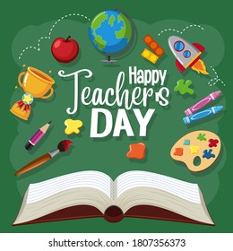 Happy Teacher's Day sign with set of stationary elements illustration