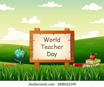 Happy Teachers Day sign with set of stationary elements at nature background