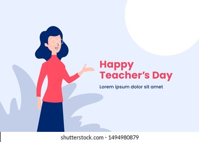 Happy teacher's day simple background poster. Teacher with explain gesture hand vector illustration. modern simple flat graphic design