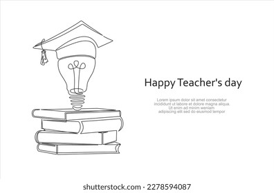 Feliz día de los profesores. Dibujo de una sola línea de bombilla de luz sobre una pila de libros. Ilustración gráfica de diseño de trazos de línea continua