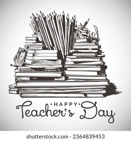 Happy Teacher's Day Sketch With Books, Pencil,