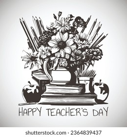 Happy Teacher's Day Sketch With Flower, Books, Pencil, Apple