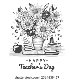 Happy Teacher's Day Sketch With Flower, Books, Pencil, Apple