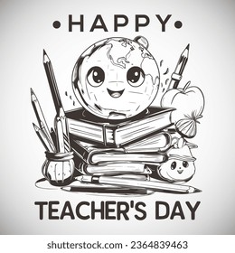 Happy Teacher's Day Sketch With Flower, Books, Pencil, Apple