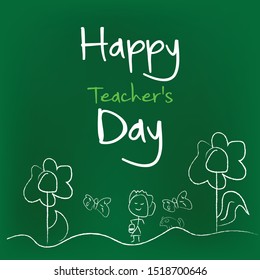 Happy Teacher's Day. Stack of books with glasses and magnifier on blackboard background. Chalk-drawn congratulations. Vector illustration.