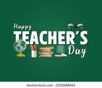 Happy Teacher's Day. Stack of books with glasses on blackboard background.