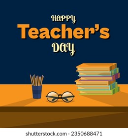 Happy Teacher's Day. Stack of books with glasses on blackboard background.