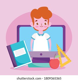 happy teachers day, student boy in screen computer apple book and ruler vector illustration