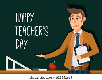 Happy teacher's day! teacher against the background of a school board.