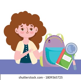 happy teachers day, teacher backpack book and magnifier vector illustration