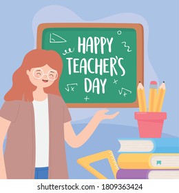 happy teachers day, teacher blackboard pencils in cup books and ruler vector illustration