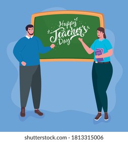 happy teachers day, with teacher couple and chalkboard vector illustration design