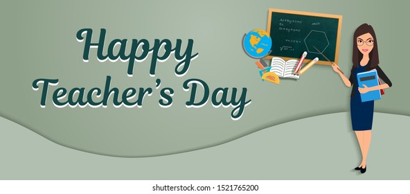 Happy Teacher's day- teacher with pointer and globe globe chalkboard ruler semi circle - triangular protractor pencils and book- Paper Cut Out - Horizontal -Vector Illustration.eps